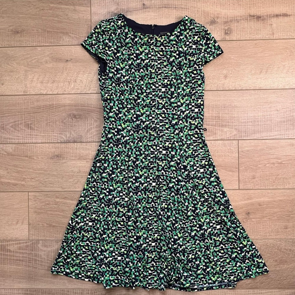Jessica Howard Dress Midi Geometric Mosaic Green Navy Fit Flare Sz 6 Cap Sleeve